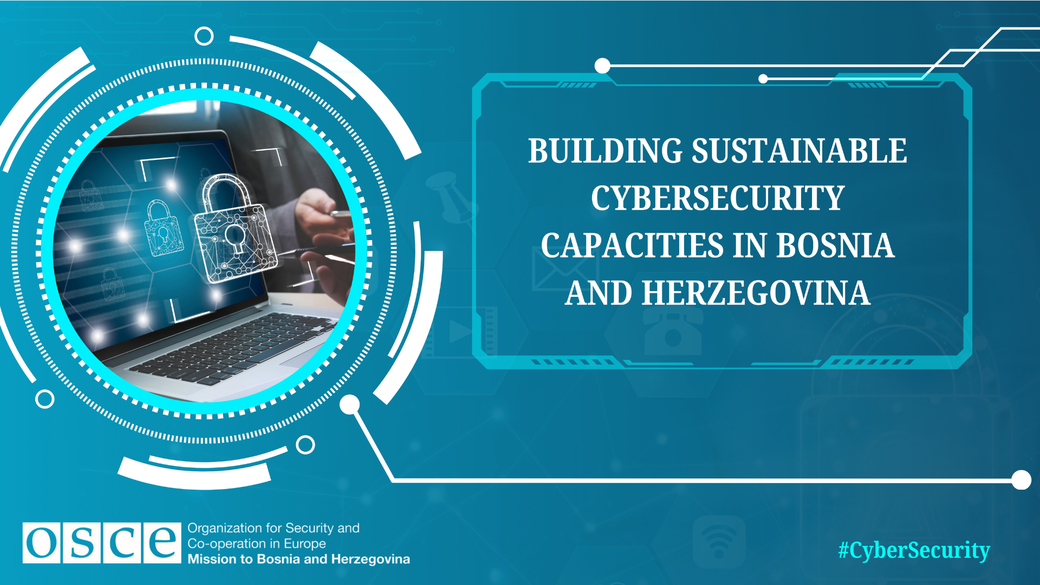 Graphic with a digital lock on a screen, and text about cybersecurity in Bosnia and Herzegovina, blue tech-themed background.