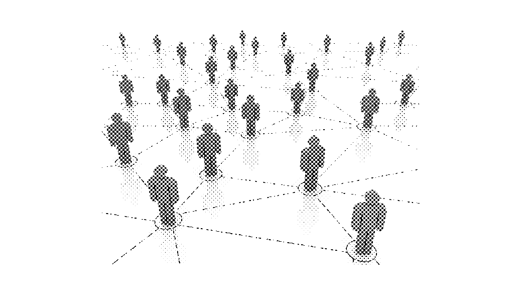 Blue stick figures connected by dotted lines on a white background, representing a network or social connection.