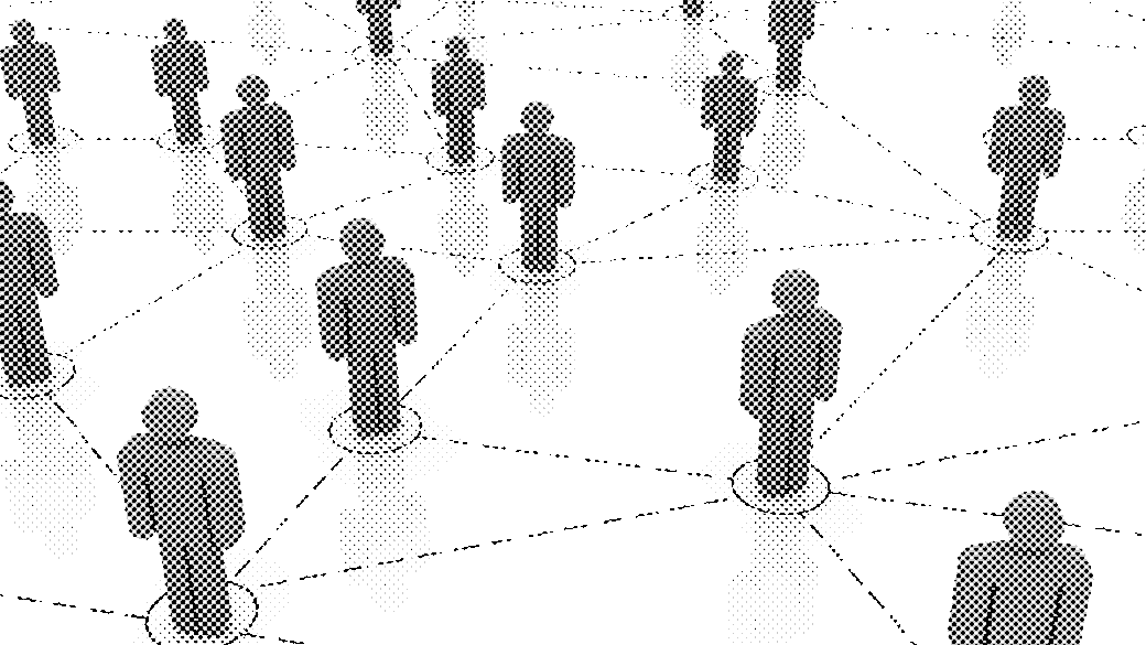 Blue network graphic with interconnected human figures on white background.