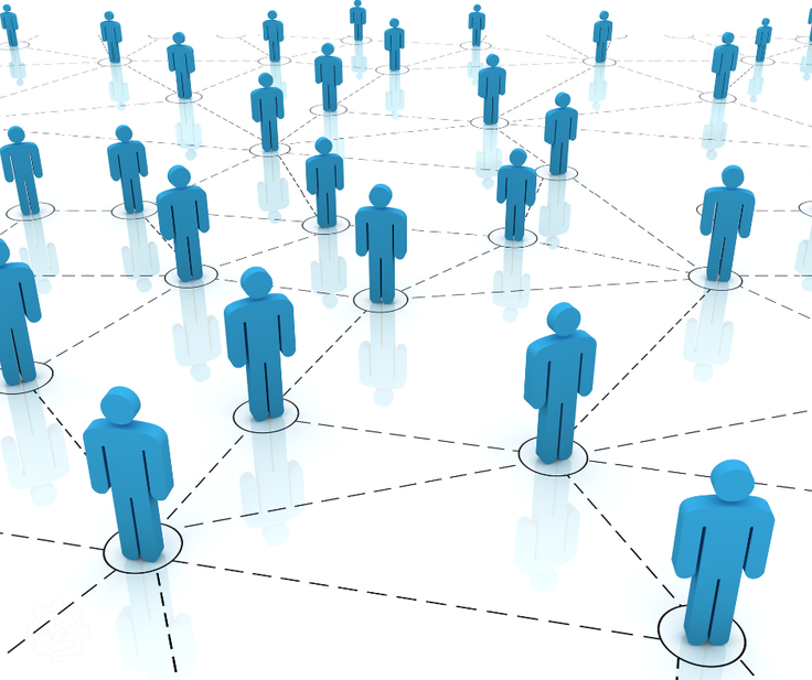 Blue network graphic with interconnected human figures on white background.