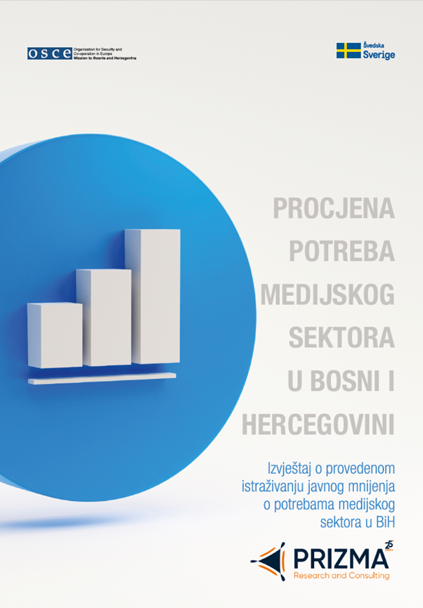 Tri bijela stuba različite visine na plavoj podlozi s tekstom o procjeni potreba medijskog sektora u BiH.