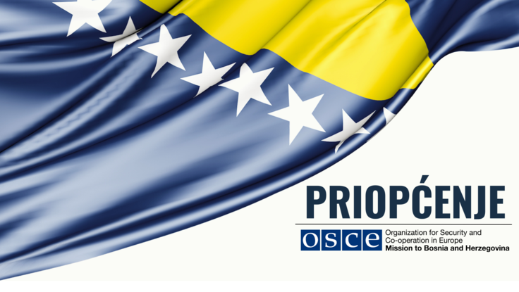Zastava Bosne i Hercegovine sa bijelim zvijezdama, OSCE logo na bijeloj pozadini.