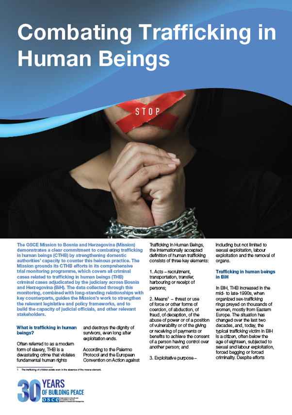 Person with red tape over mouth labeled "stop," hands bound with rope. Text about combating human trafficking.