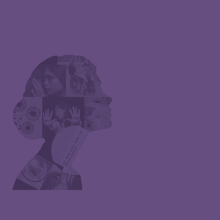 Silhouette of a woman with collage of images inside, set against a purple background.
