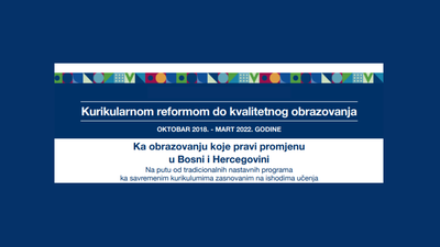 Kurikulumska reforma obrazovanja u Bosni i Hercegovini, plavi dizajn s uzorkom boja na vrhu.