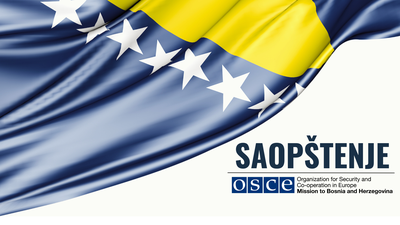 Zastava Bosne i Hercegovine pored logotipa OSCE, tekst na desnoj strani.