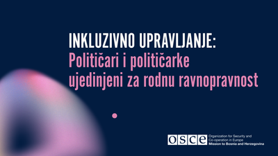 Plavi plakat sa tekstom o rodnoj ravnopravnosti i logotipom OSCE u donjem desnom uglu.