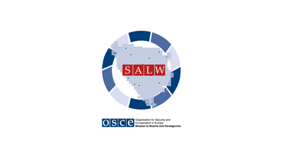 Map graphic with blue segments and a red "SALW" label, OSCE logo below.