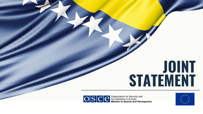 Flag of Bosnia and Herzegovina with "Joint Statement" text, OSCE and EU logos on white background.