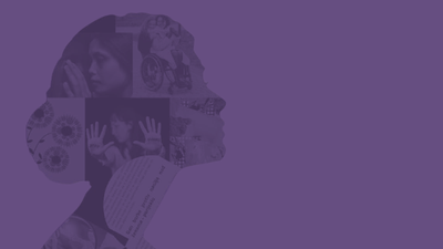 Silhouette of a woman with collage of images inside, set against a purple background.