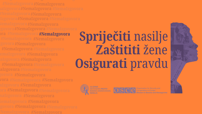 Narandžasta grafika s natpisom o sprečavanju nasilja nad ženama, silueta ženskog lica u profilu.