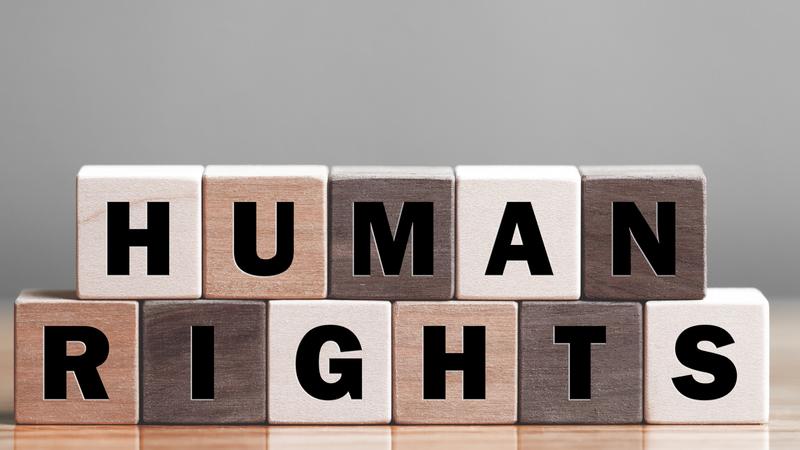 Block letters spell "Human Rights" on wooden cubes.