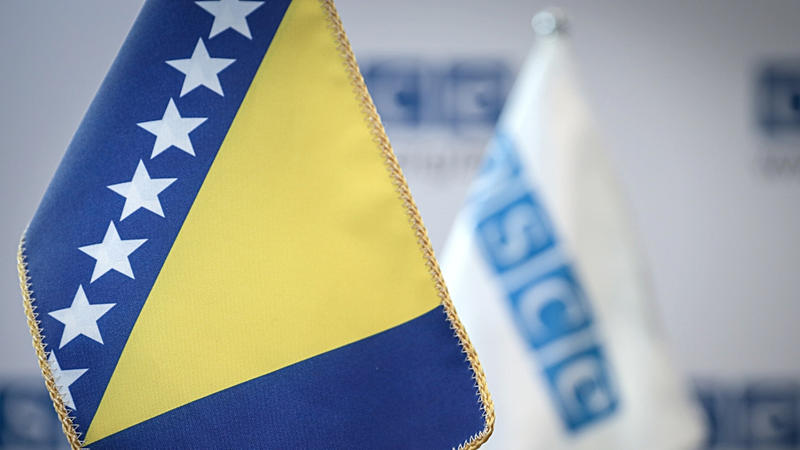 Bosnia and Herzegovina's flag beside a blurred OSCE flag.