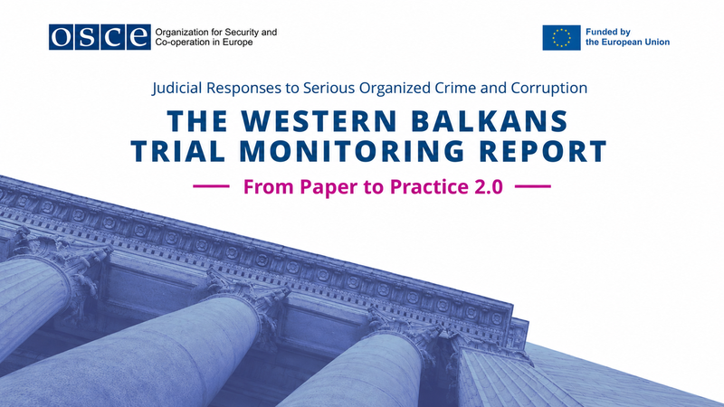 A graphic cover for the Western Balkans Trial Monitoring Report, featuring a low-angle photo of courthouse columns.