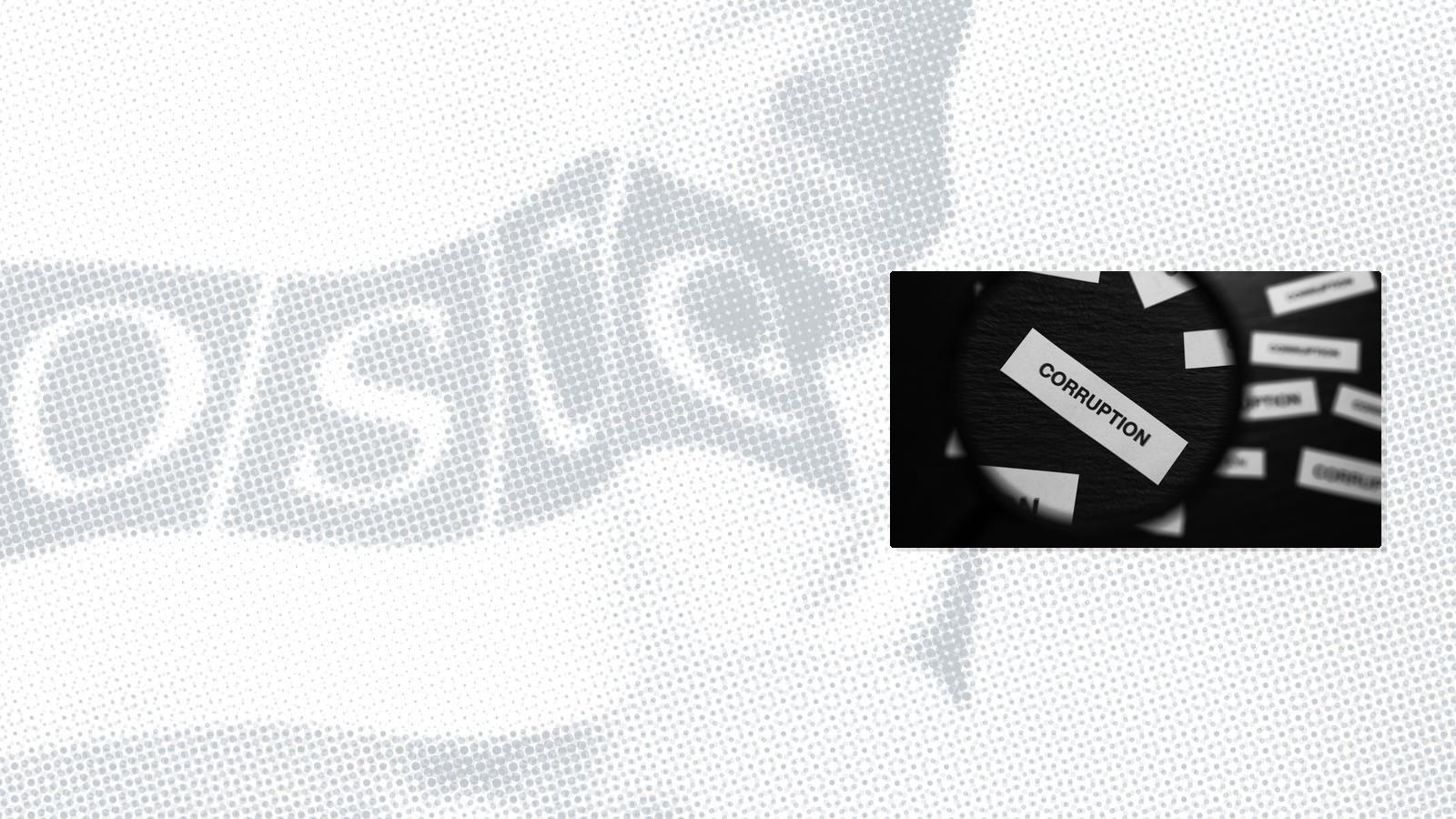 Magnifying glass highlighting the word "corruption" on a black background.