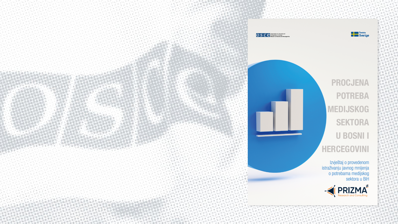 Tri bijela stuba različite visine na plavoj podlozi s tekstom o procjeni potreba medijskog sektora u BiH.