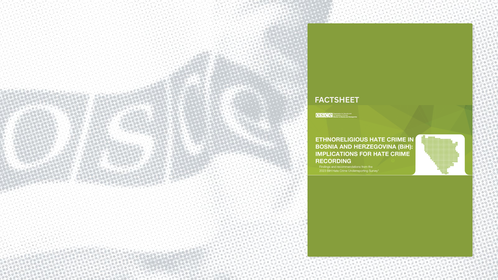 Green factsheet cover with Bosnia map outline and text on hate crime implications.