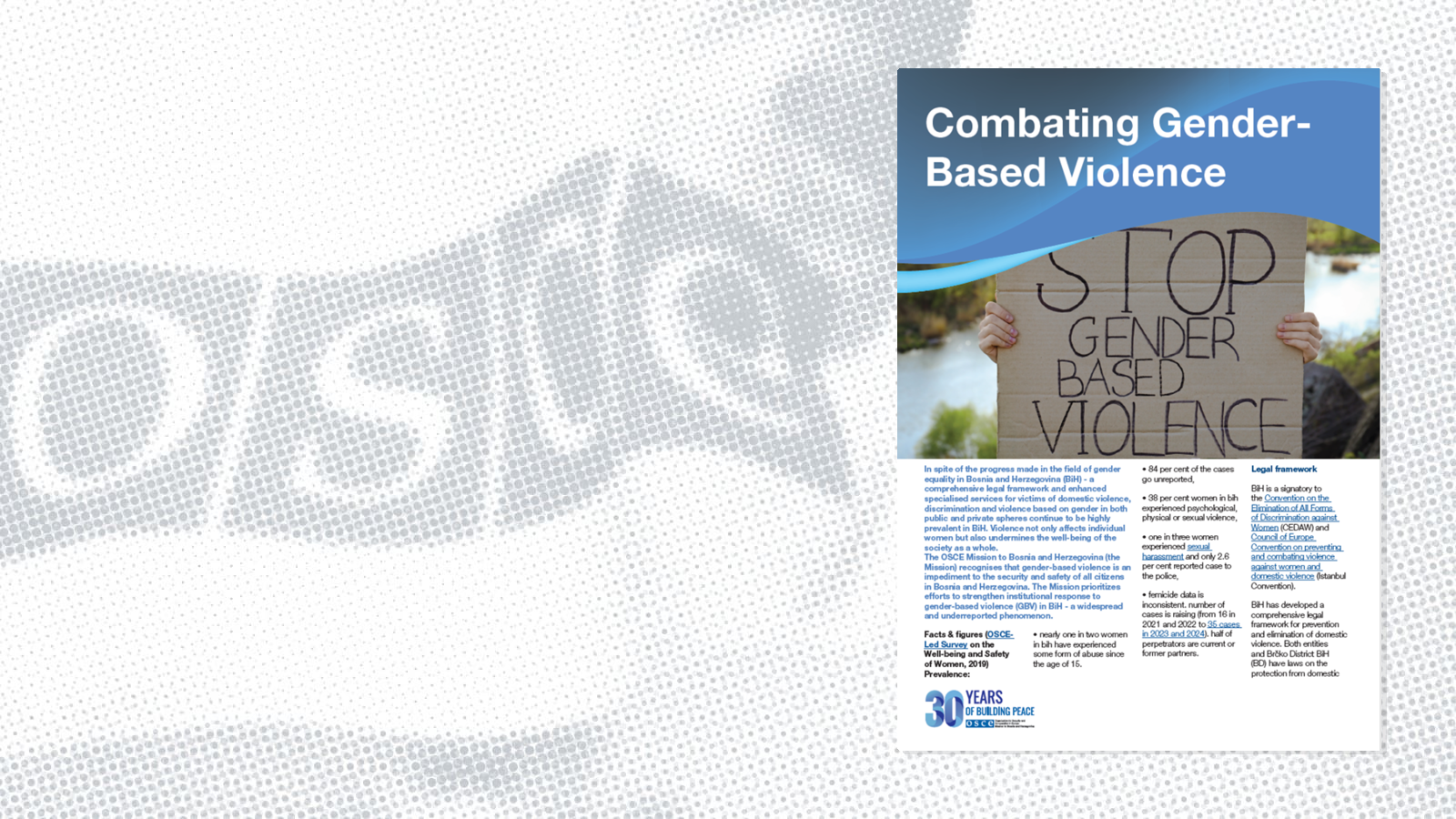 Poster titled "Combating Gender-Based Violence" with hands holding a sign reading "Stop Gender-Based Violence." Text includes facts and legal framework.