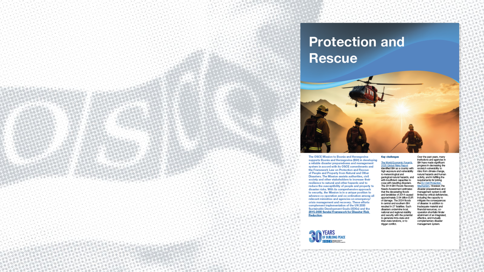 Firefighters and a helicopter at sunset with text about protection and rescue efforts.