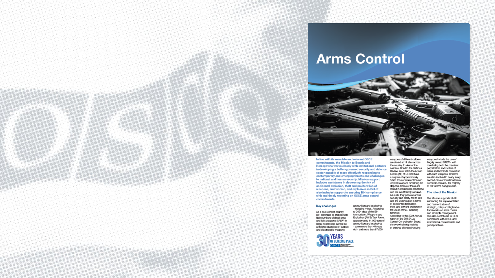 Black and white photo of various firearms on a brochure titled "Arms Control" with multiple text columns.