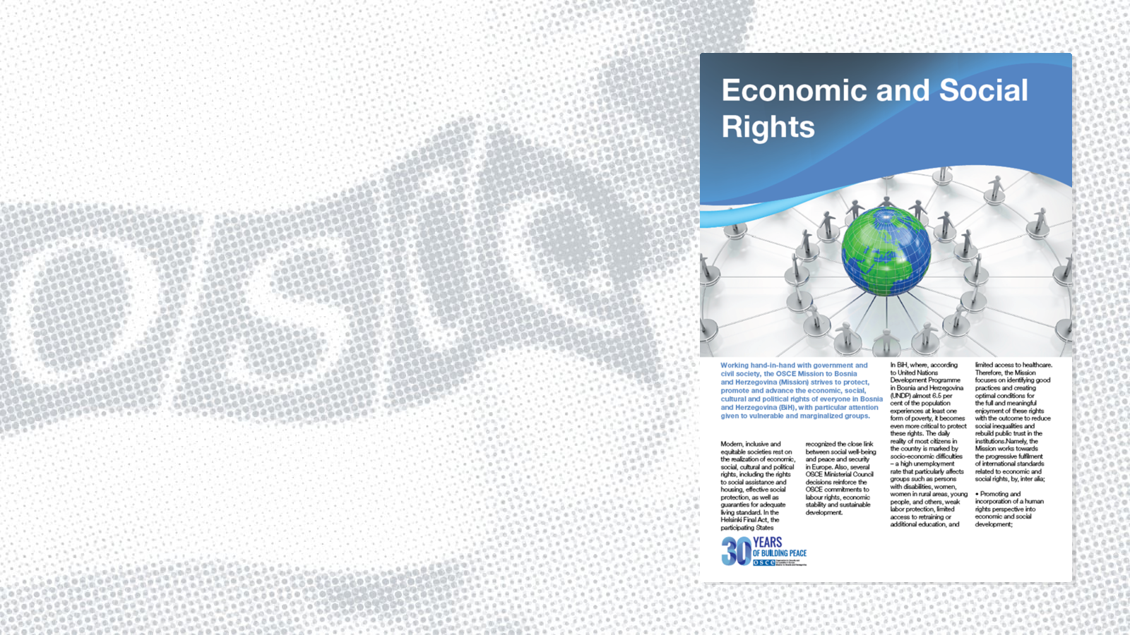 Graphic featuring a globe surrounded by figures holding hands, with text about economic and social rights below.