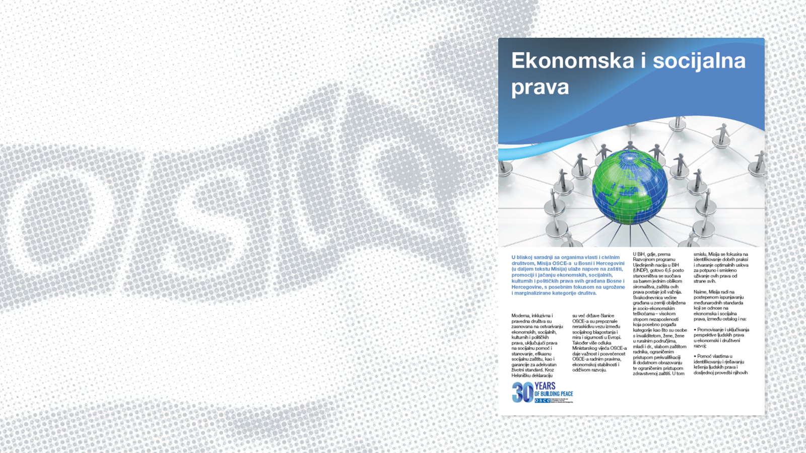 Plakat s tekstom i ilustracijom globusa povezanog sa figurama ljudi. Naslov: "Ekonomska i socijalna prava".