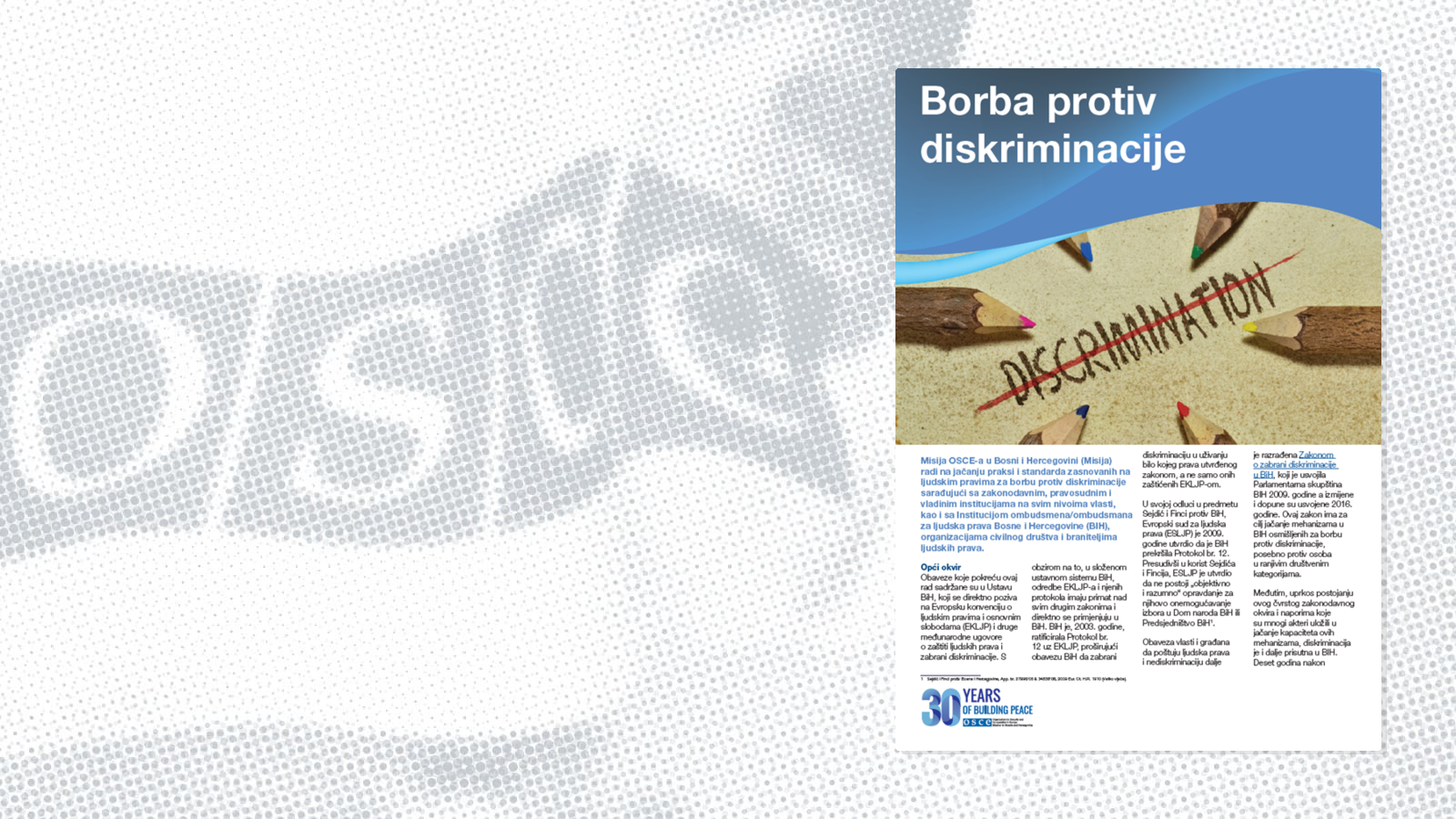 Borba protiv diskriminacije, precrtana riječ "Discrimination" okružena šarenim olovkama, plavi i bijeli tekst.