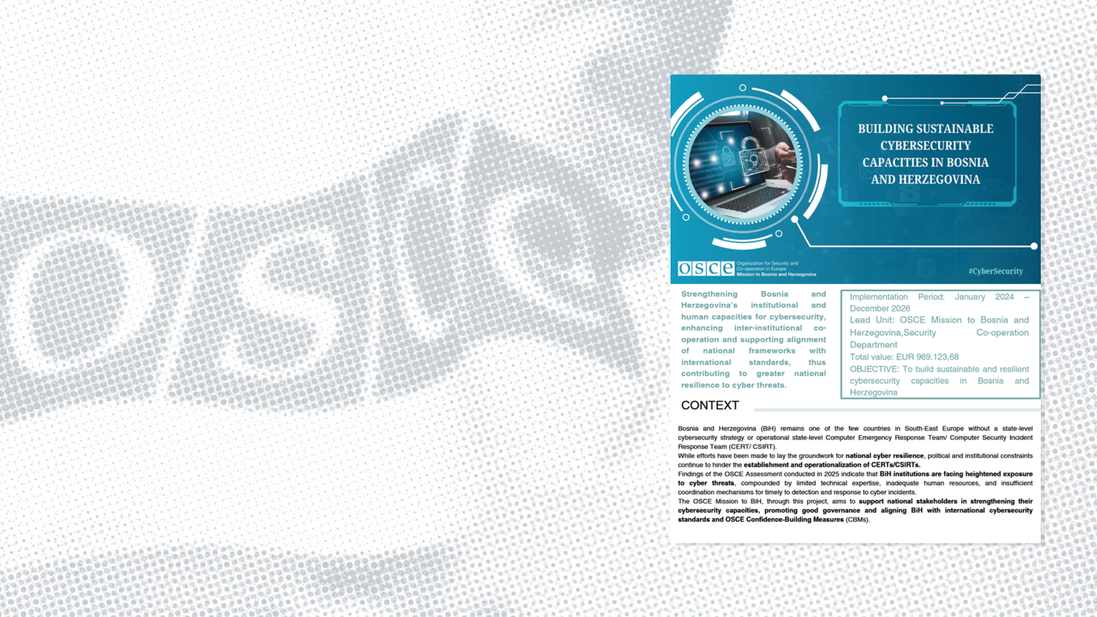 OSCE graphic on building cybersecurity capacities in Bosnia and Herzegovina with blue and white digital interface design.