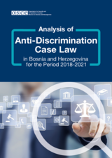 Cover of a report on Anti-Discrimination Case Law, featuring scales of justice symbol and digital interface graphics.
