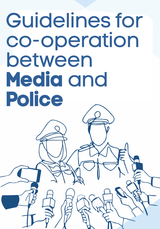 Line drawing of police officers surrounded by microphones.