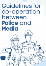 Police officers surrounded by microphones, symbolizing cooperation with the media, in a blue and white graphic style.
