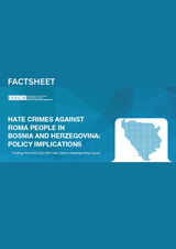 Factsheet cover with text on hate crimes against Roma in Bosnia and Herzegovina, featuring map silhouette on blue background.
