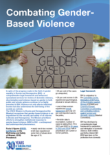 Poster titled "Combating Gender-Based Violence" with hands holding a sign reading "Stop Gender-Based Violence." Text includes facts and legal framework.