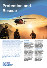 Firefighters and a helicopter at sunset with text about protection and rescue efforts.
