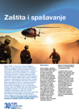Vatrogasci pri zalasku sunca s helikopterom u pozadini, tekst o zaštiti i spašavanju.