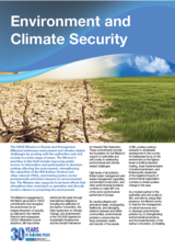 Dry cracked earth transitions to lush green field under a blue sky, highlighting environmental contrast. Text overlays.