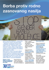 Posterska kampanja s natpisom "STOP GENDER BASED VIOLENCE" na kartonskoj tabli, tekstom i logom u donjem uglu.