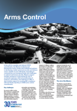 Black and white photo of various firearms on a brochure titled "Arms Control" with multiple text columns.