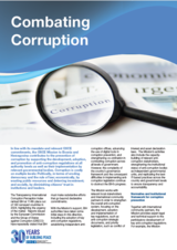 Newsletter cover with "Combating Corruption" title, a magnifying glass over text, and a blue wave design.