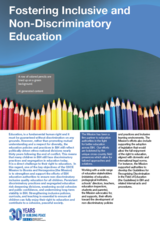 Colored pencils arranged vertically with educational text above on a blue background, promoting inclusive education.
