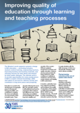 Illustrated education graphic with open books, arrows, and text about improving learning processes. Blue header highlights theme.