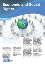 Graphic featuring a globe surrounded by figures holding hands, with text about economic and social rights below.