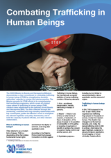 Person with red tape over mouth labeled "stop," hands bound with rope. Text about combating human trafficking.