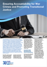 Judge holding a gavel with papers on a desk; text details accountability for war crimes and transitional justice.