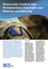 Military uniform with Bosnia flag patch, text on parliamentary oversight, and a blue and white logo.