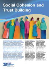 Colorful graphic of diverse, abstract human figures in a row, under the title "Social Cohesion and Trust Building."