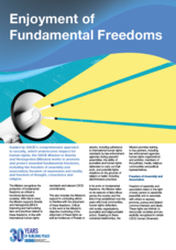 A graphic with a megaphone projecting yellow beams on a blue background, text about fundamental freedoms, UN logo at bottom.