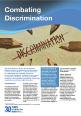 Pencils surrounding the word "discrimination" crossed out, under the title "Combating Discrimination" in a document layout.