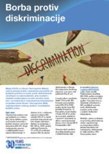 Borba protiv diskriminacije, precrtana riječ "Discrimination" okružena šarenim olovkama, plavi i bijeli tekst.
