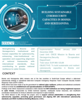OSCE graphic on building cybersecurity capacities in Bosnia and Herzegovina with blue and white digital interface design.